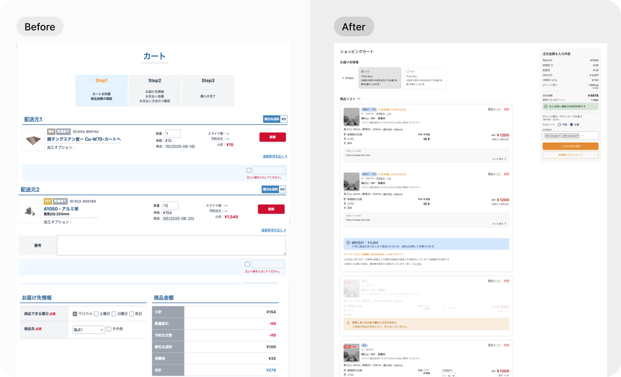 Before and after comparison of the e-metals cart redesign